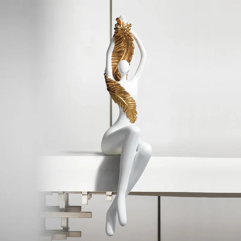 Afralia™ Large Nude Feathered Body Sculpture | Modern Abstract Sitting Figurine Statues