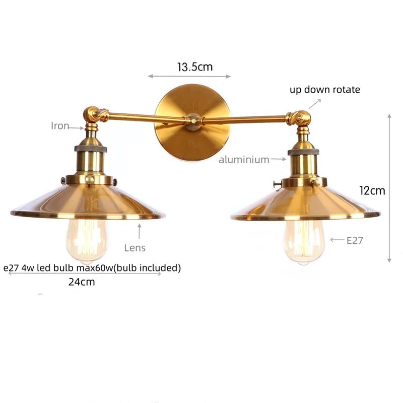 Afralia™ Industrial Vintage Double Heads LED Wall Light for Coffee Reading, Plug In Bedside Lamp