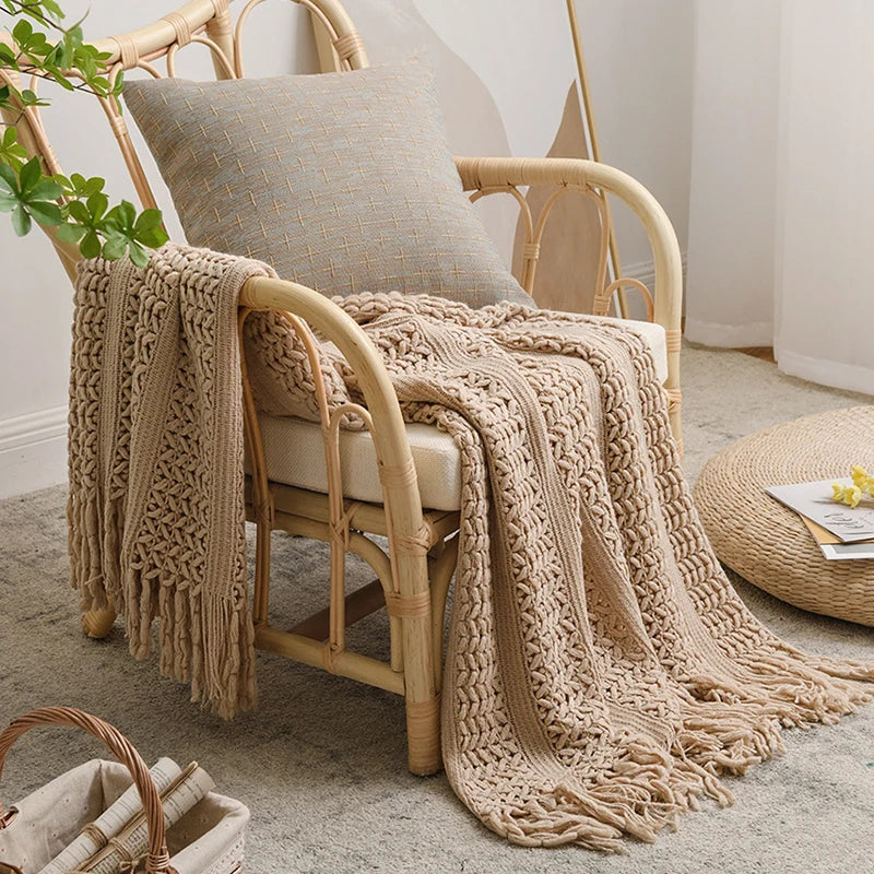 Afralia™ Hollow Plaid Knitted Throw Blanket with Tassels - Home Decor Essential