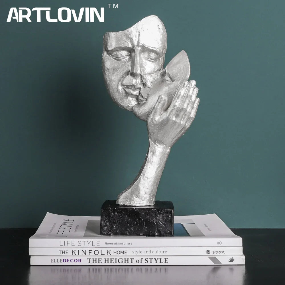 Afralia™ Silver Abstract Face Mask Resin Sculptures | Home Office Decor Statues