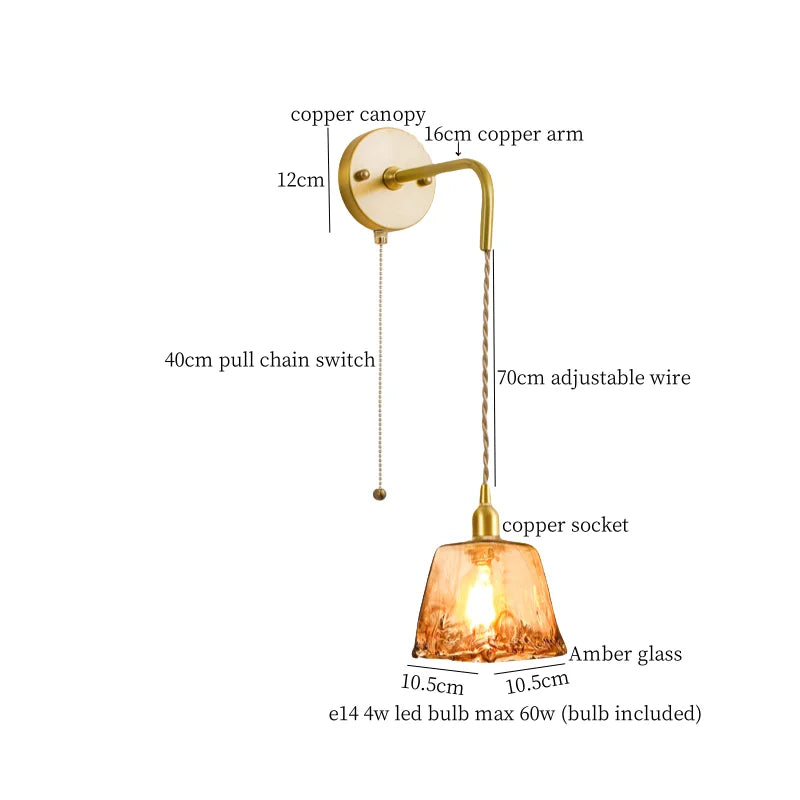 Afralia™ Amber Glass LED Wall Lamp for Bedroom Minimalistic Copper Lighting