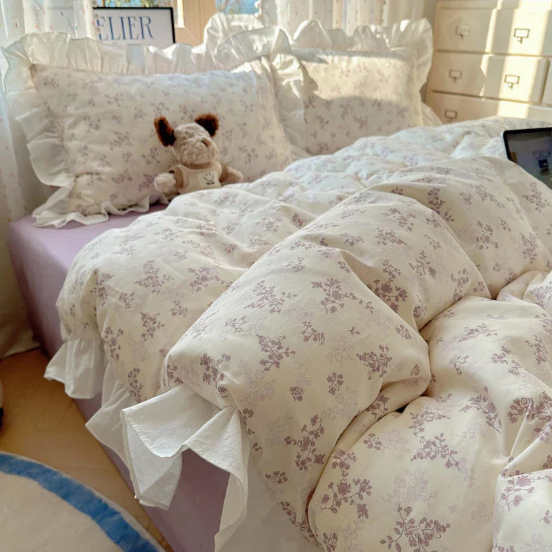 Afralia™ Floral Lace Ruffles Bedding Set 3/4Pcs Single Queen Size Duvet Cover