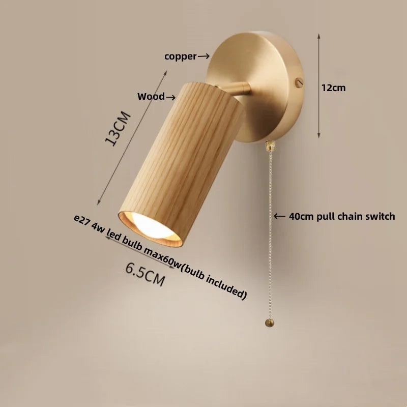 Afralia™ Wood Nordic LED Wall Light - Modern Copper Canopy Bedside Lamp