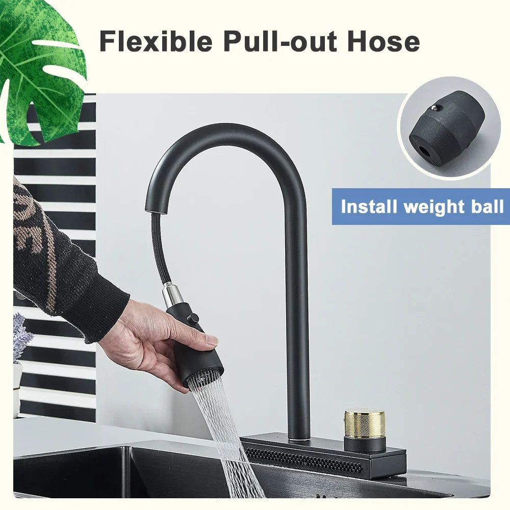 Afralia™ Black Rainwater Kitchen Faucet Flexible Pull Out 3 Way Nozzle Mixer Tap