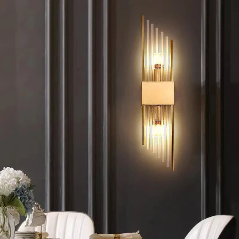 Afralia™ Mini Clear Glass Wall Sconce Light in Gold and Black Stainless Steel