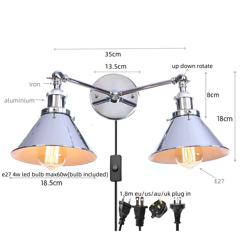 Afralia™ Loft Iron LED Wall Lamp 2 Heads Living Room Vintage Industrial Style Light