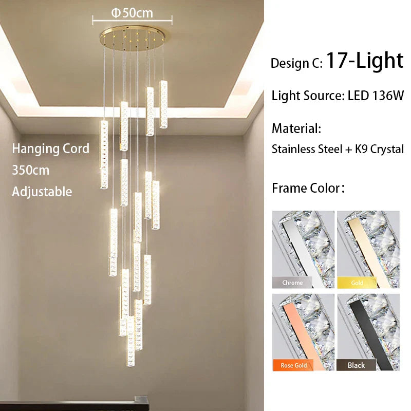 Afralia™ Large Crystal Luxury Chandelier for Living Room Dining Hall Stair Suspension