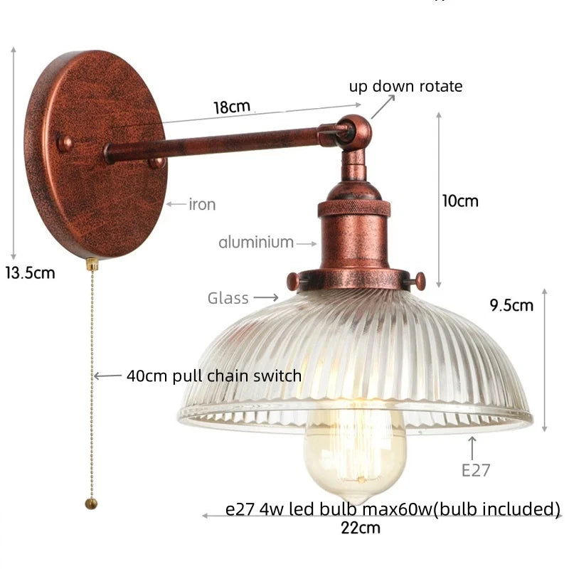 Afralia™ Black LED Wall Lamp Vintage Style Iron Bedside Light Glass Wall Sconce