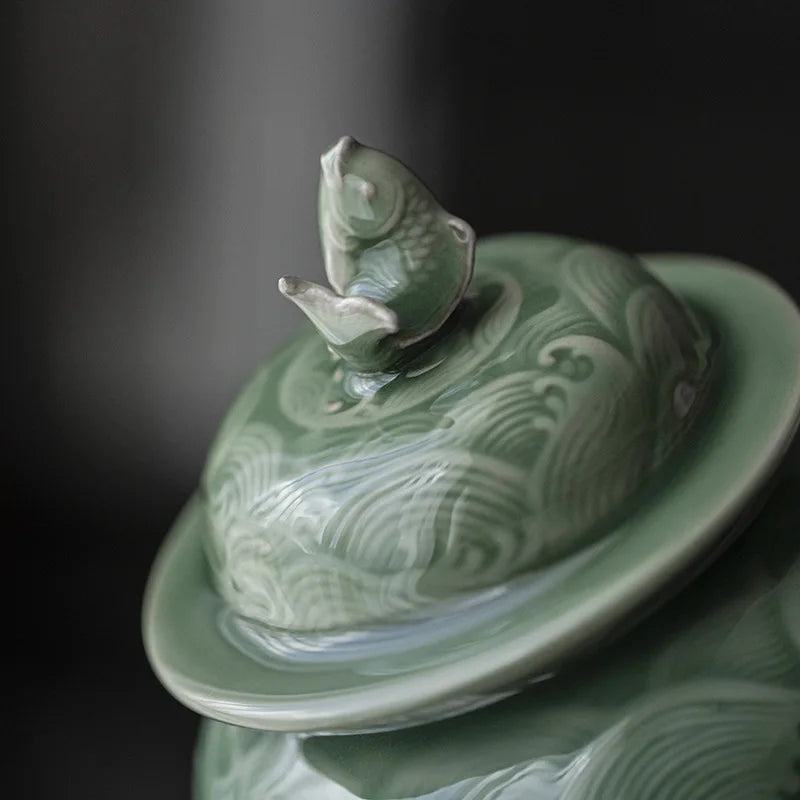 Afralia™ Fish Relief Celadon Tea Pot Porcelain Jar Decor Storage Tank