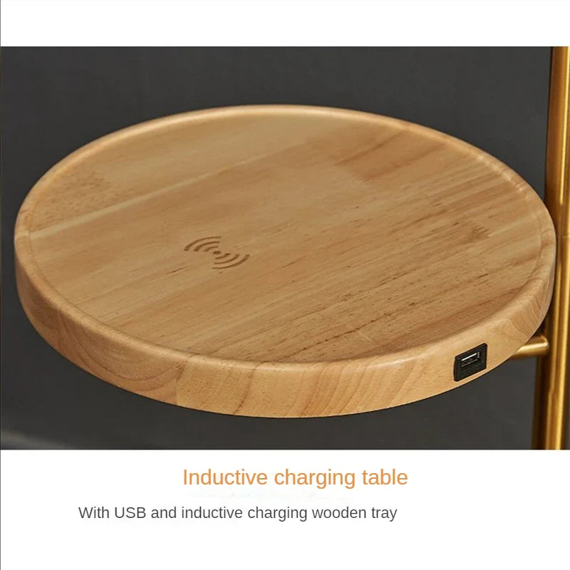 Afralia™ Wireless USB Charging Floor Lamp Round Wood Metal Table Standing Lamp