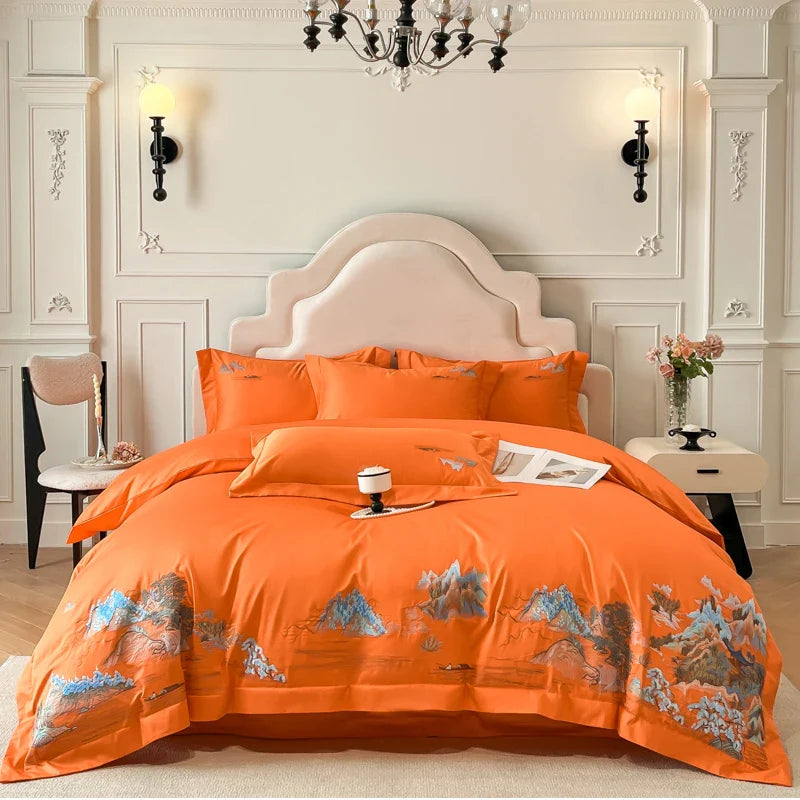 Afralia™ Mountain River Landscape Embroidery Bedding Set - Duvet Cover, Bed Sheet, Pillowcases