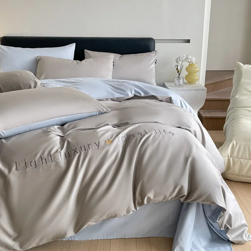 Afralia™ Pure Cotton Embroidered Bed Sets Solid Color Fitted Sheet Kit, Cozy Comforter Sets