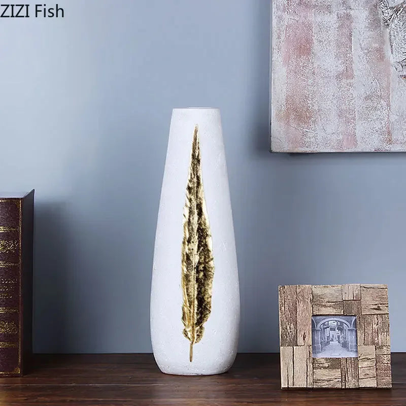 Afralia™ Gold Feather Vase & Artificial Flowers Set - Modern Home Decor