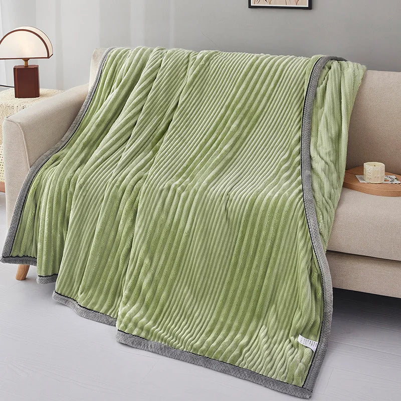 Afralia™ Solid Stripe Faux Rabbit Blanket Flannel for All Seasons, Single Double Bed