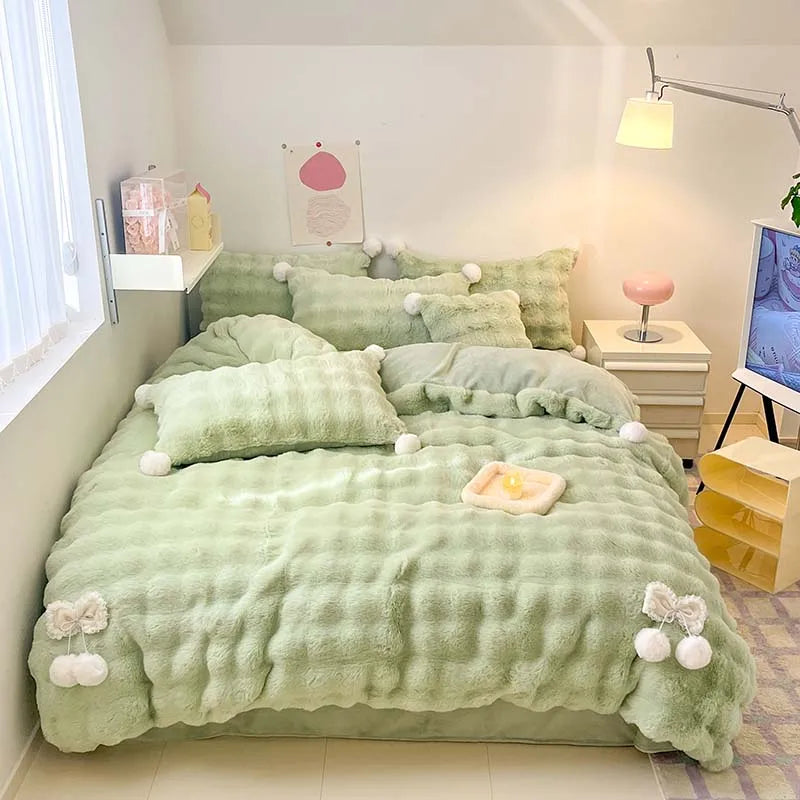 Afralia™ Shaggy Faux Rabbit Fur Bedding Set with Plush Ball Decoration, Duvet Cover, Sheet and Pillowcases