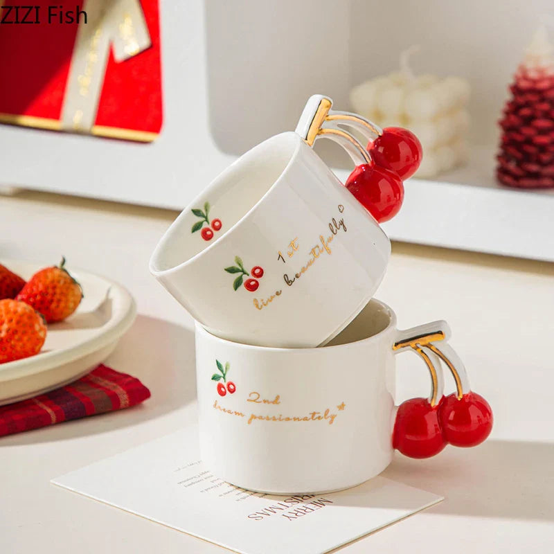 Afralia™ Cherry Pattern Porcelain Coffee Mug, Gilded Edge Teacup for Afternoon Tea & Juice