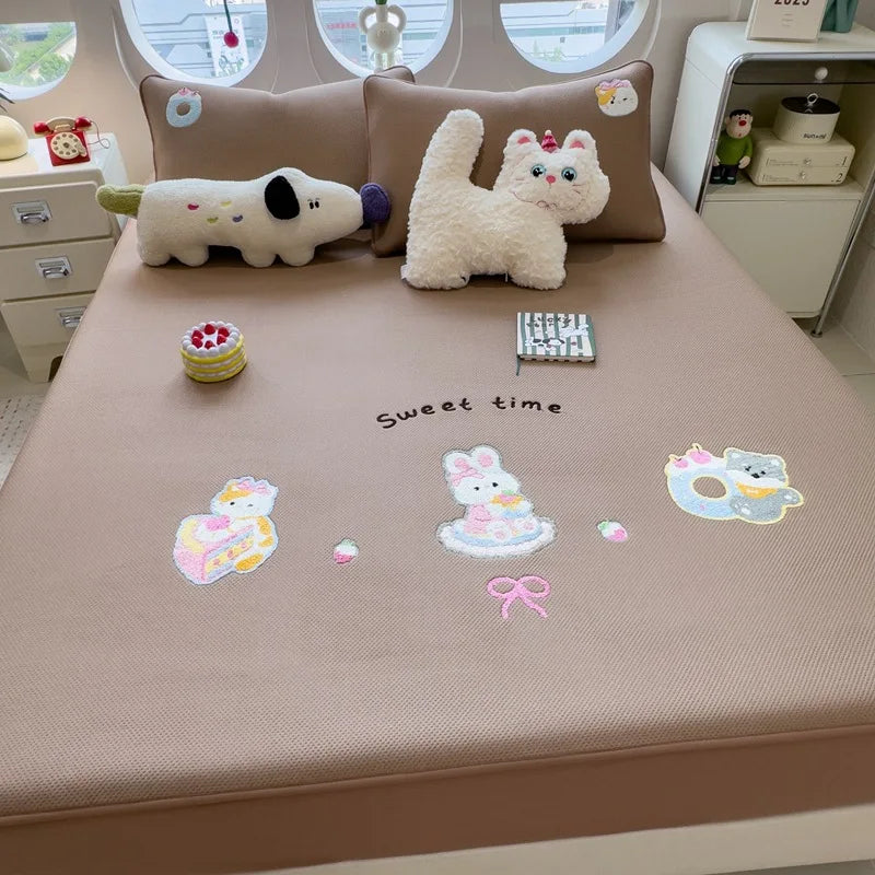 Afralia™ Cartoon Embroidered Fitted Sheet for Single Bed - All-Season Comfort