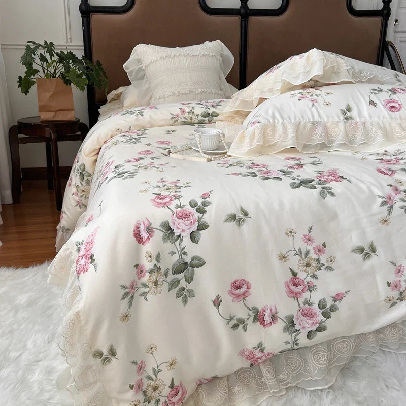 Afralia™ Vintage French Rose Flowers Double Layer Lace Ruffles Bedding Set