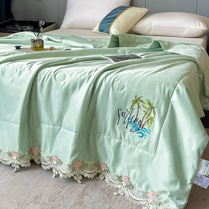 Afralia™ Lace Edge Flowers Embroidery Cool Blanket for Bed - Machine Washable Summer Quilt