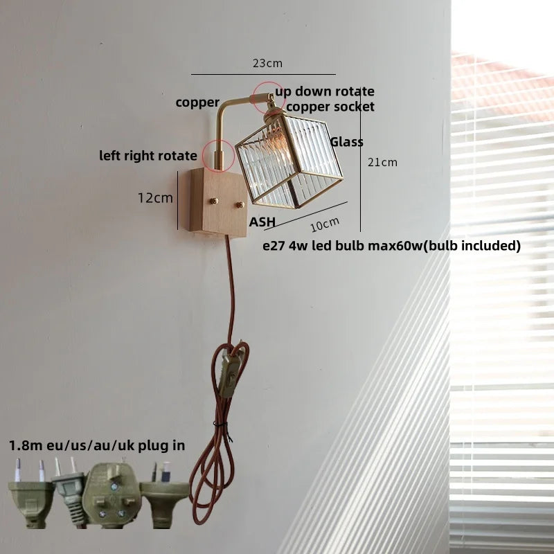 Afralia™ Walnut LED Wall Lights Pull Chain Switch Bedside Lamp Vintage Cube Glass Stair Light
