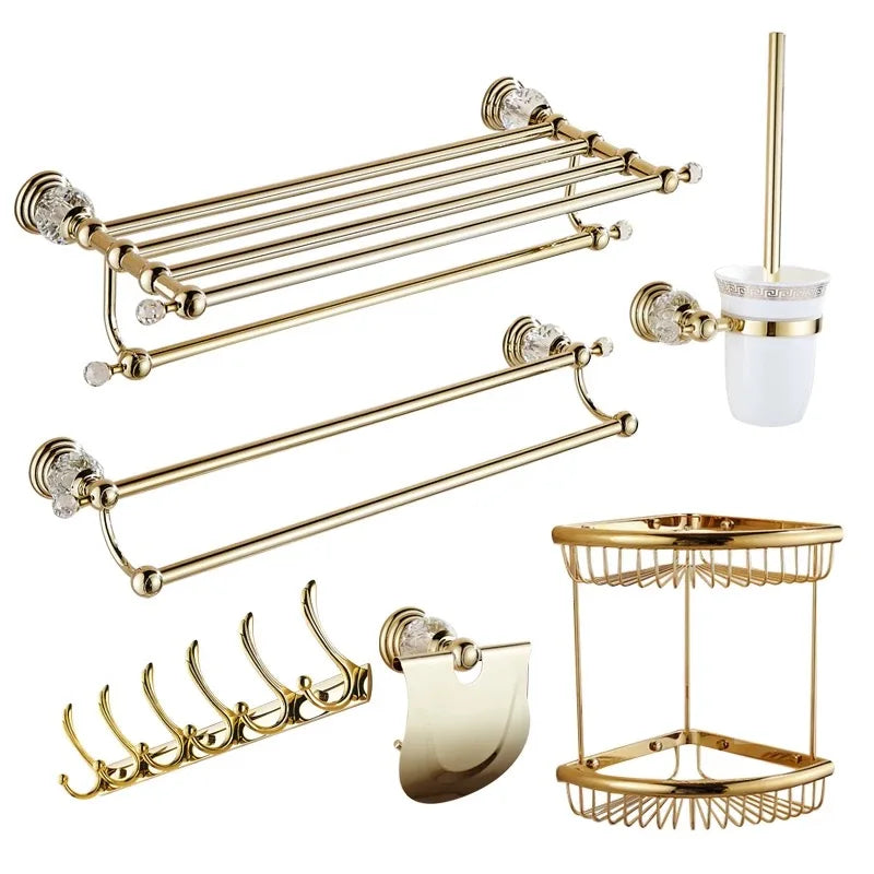 Afralia™ Brass and Crystal Bathroom Accessories Set: Shelf, Robe Hook, Paper Holder, Brush Holder