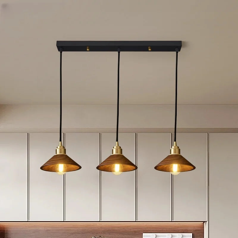 Afralia™ Japanese LED Pendant Light Vintage Style Wood Copper Hanging Lamp