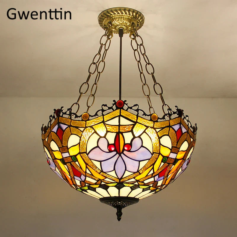 Afralia™ Tiffany Stained Glass Pendant Light Chandelier LED Fixture for Home Deco