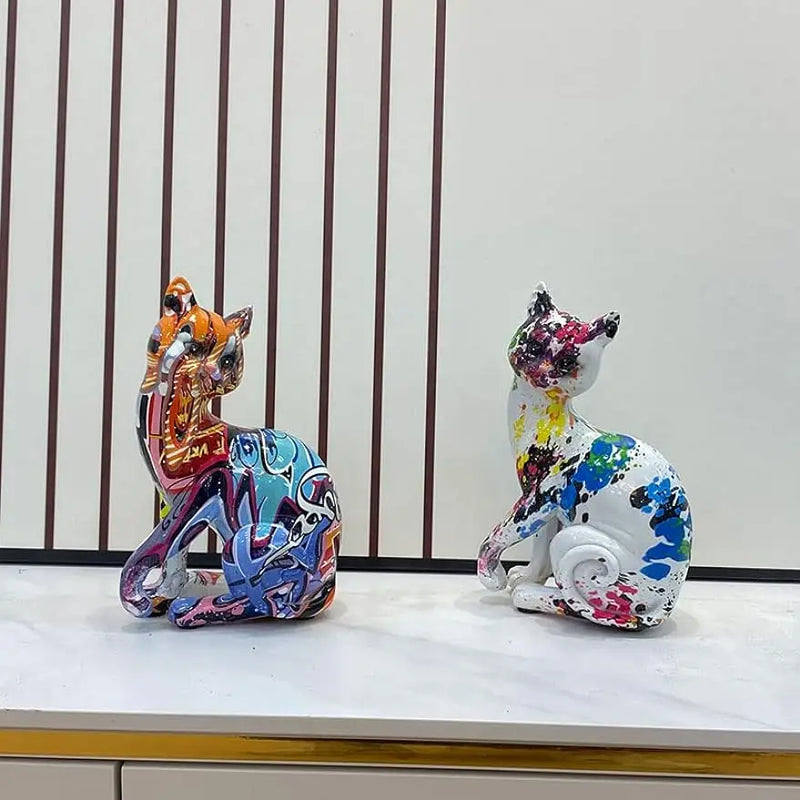 Afralia™ Multicolor Cat Statue, Splash Color Kitten Sculpture for Home & Office Decoration