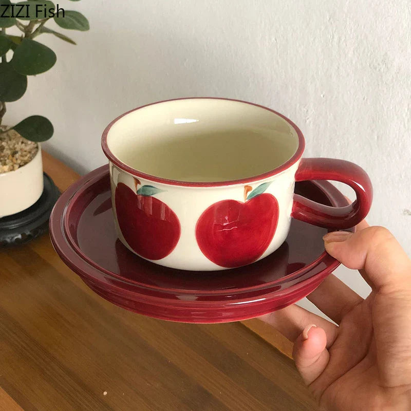 Afralia™ Red Apple Pattern Porcelain Coffee Mug Set of 2