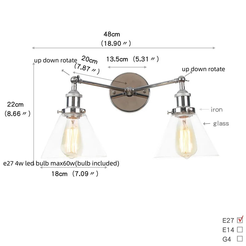 Afralia™ Retro LED Wall Light with Pull Chain Switch, 2 Heads Sconce for Living Room