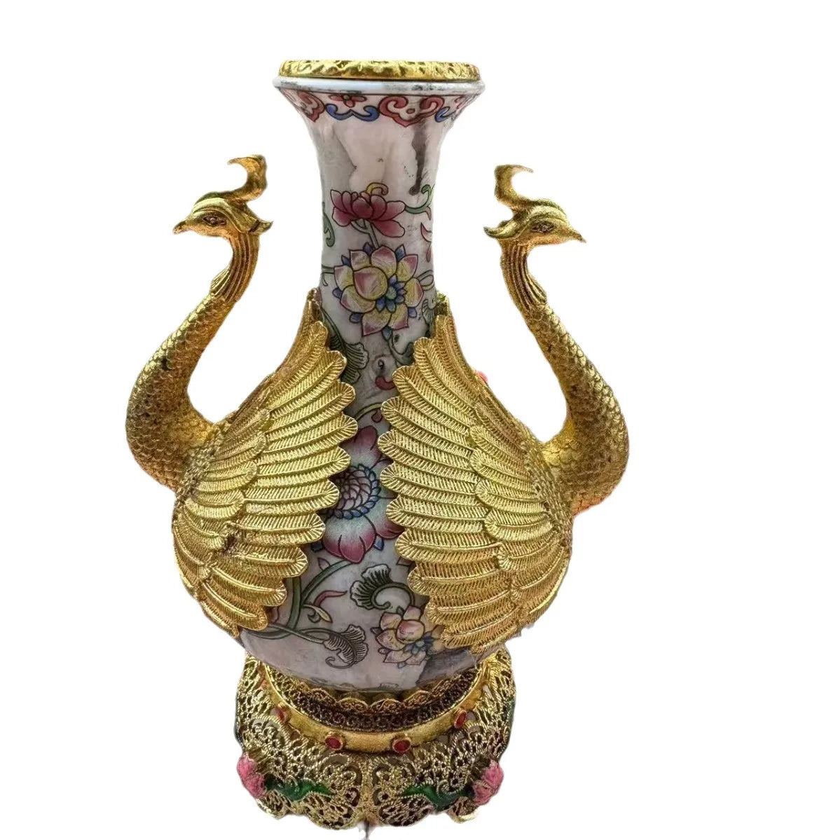 Afralia™ Qianlong Copper Inlaid Pink Flower Pattern Vase