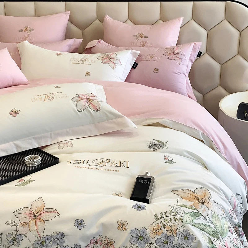 Afralia™ Flowers Embroidery 100% Egyptian Cotton Bedding Set, White/Pink