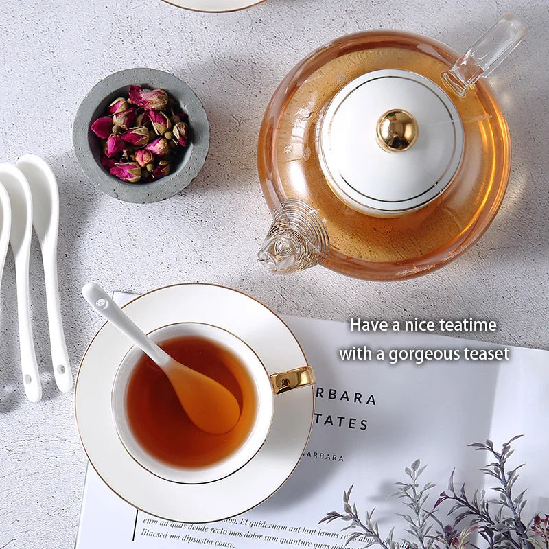 Afralia™ Gold White Ceramic Tea Set with Glass Teapot - Elegant Teaware Collection