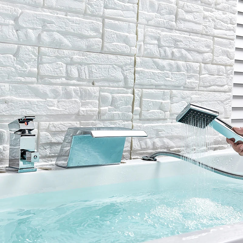 Afralia™ Waterfall Deck Mounted Bathtub Faucet with Hand Shower, Chrome