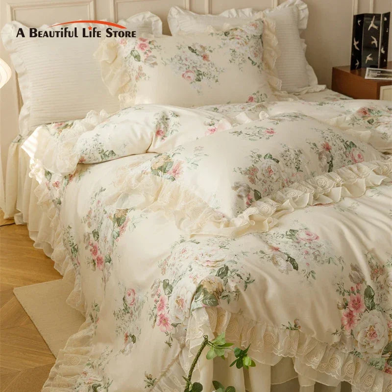 Afralia™ French Country Flowers Print Bedding Set with Lace Ruffles