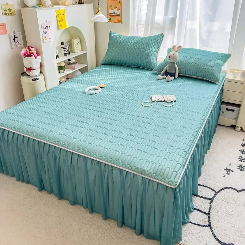 Afralia™ Cool Fabric Latex Bed Skirt Set: Solid Color Summer Mat with Elastic Band