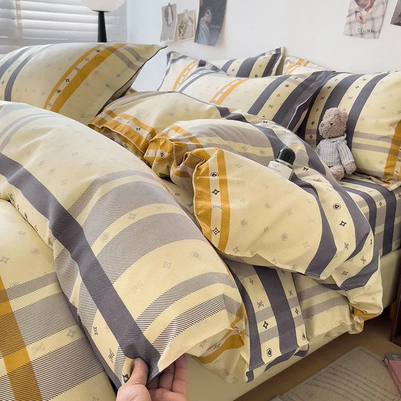 Afralia™ Twill Fabric Bed Sheet Set: Double-Sided Color Blocking, Flower Print Quilt Cover