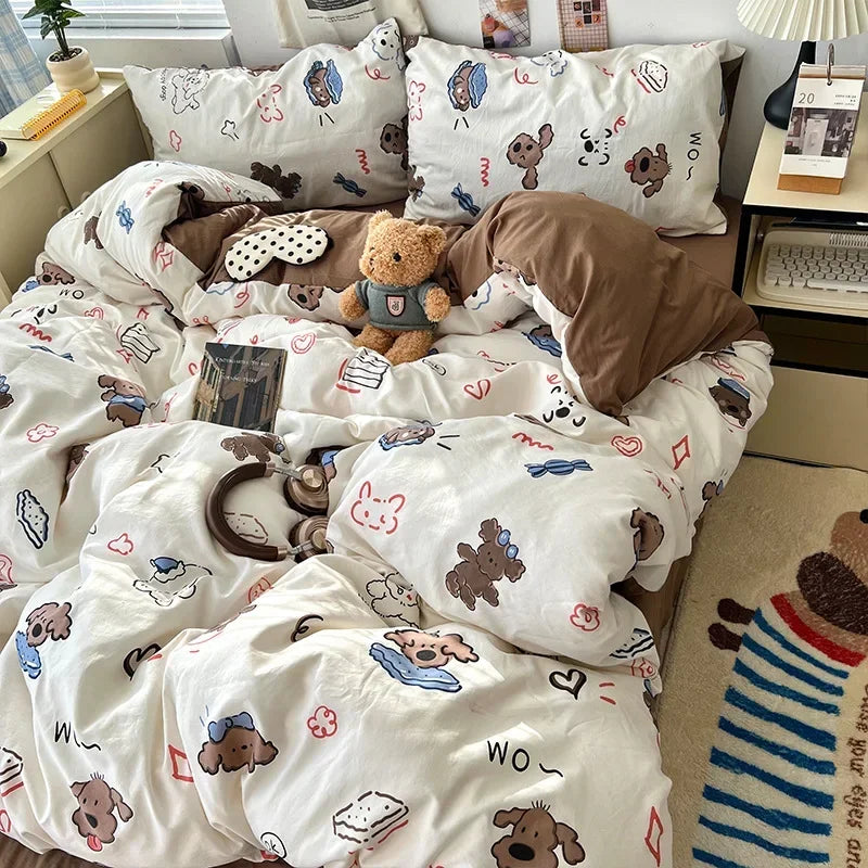 Afralia™ Cute Cartoon Washed Cotton 4-Piece Bedding Set for Spring Soft Skin-Friendly Sheets