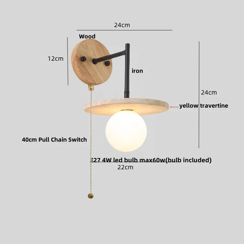 Afralia™ Japanese LED Wall Lamp, Pull Chain Switch, Yellow Travertine Glass, White Shade