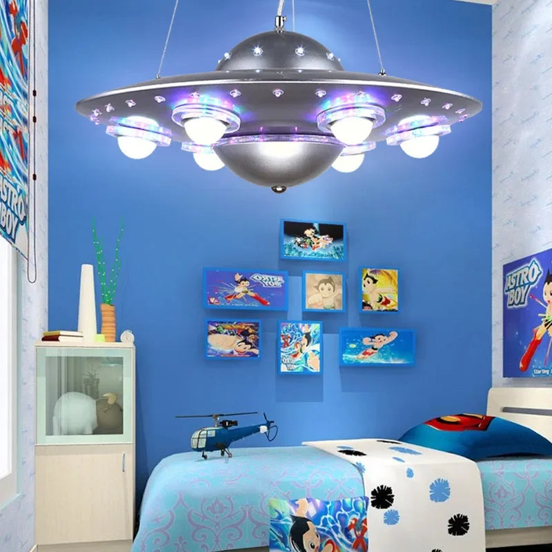 Afralia™ Alien UFO Design LED Pendant Light for Children's Room, Creative Iron Art Chandelier