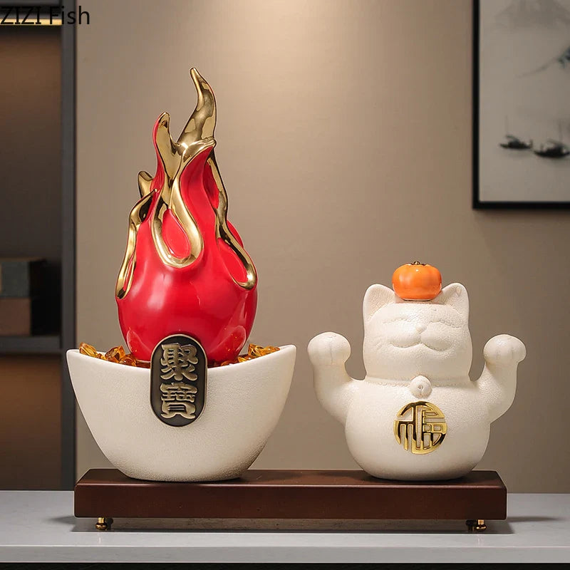 Afralia™ Gilded Pitaya Cat Ceramic Feng Shui Ornament Landscaping Decoration