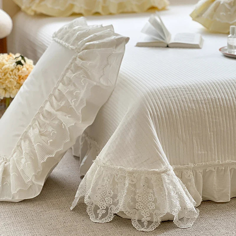Afralia™ Lace Ruffles Bedding Set in Pearl White Cream Yellow Princess Cotton