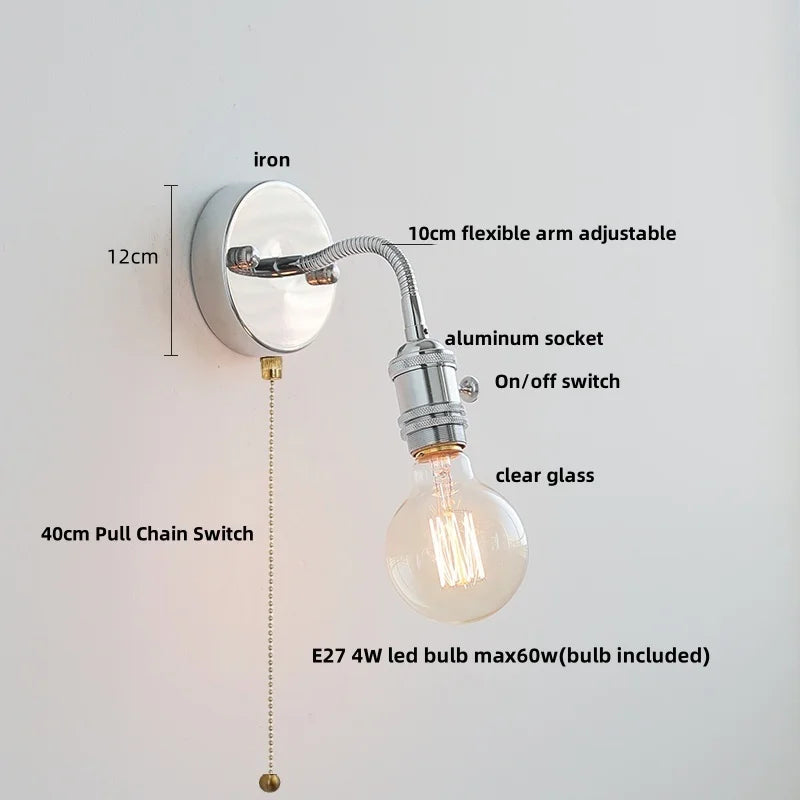 Afralia™ Glass Wall Light Fixture with Pull Chain Switch, Adjustable Arm, Modern Nordic Design