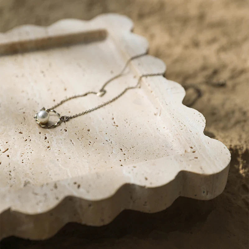 Afralia™ Travertine Scalloped Edge Vanity Tray for Bathroom Kitchen Home Decor