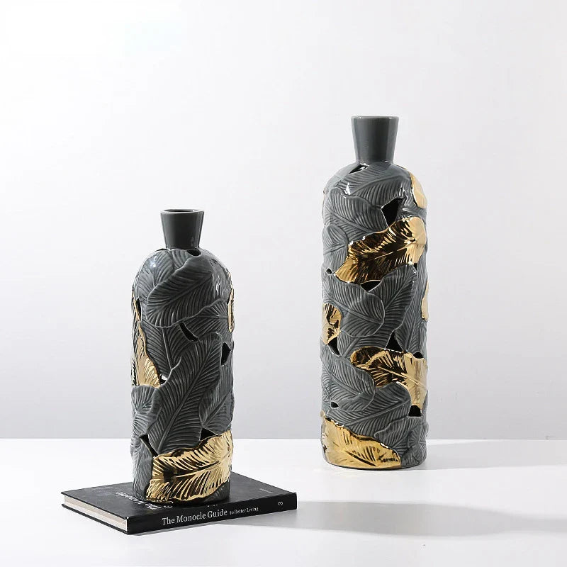 Afralia™ Feather Pattern Ceramic Vase in Gray and Gold - Home Decor Accent