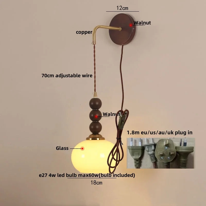 Afralia™ Modern LED Walnut Wood Wall Lights with Glass Shade & Pull Chain Switch