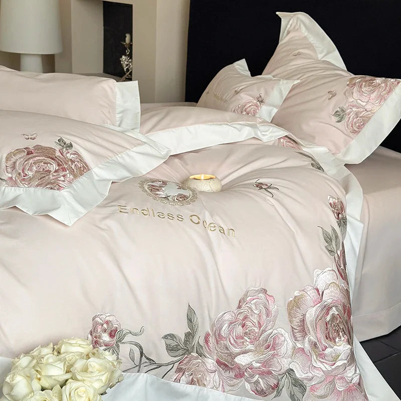 Afralia™ 4-Piece Pink Purple Flowers Embroidery Bedding Set in 1000TC Egyptian Cotton