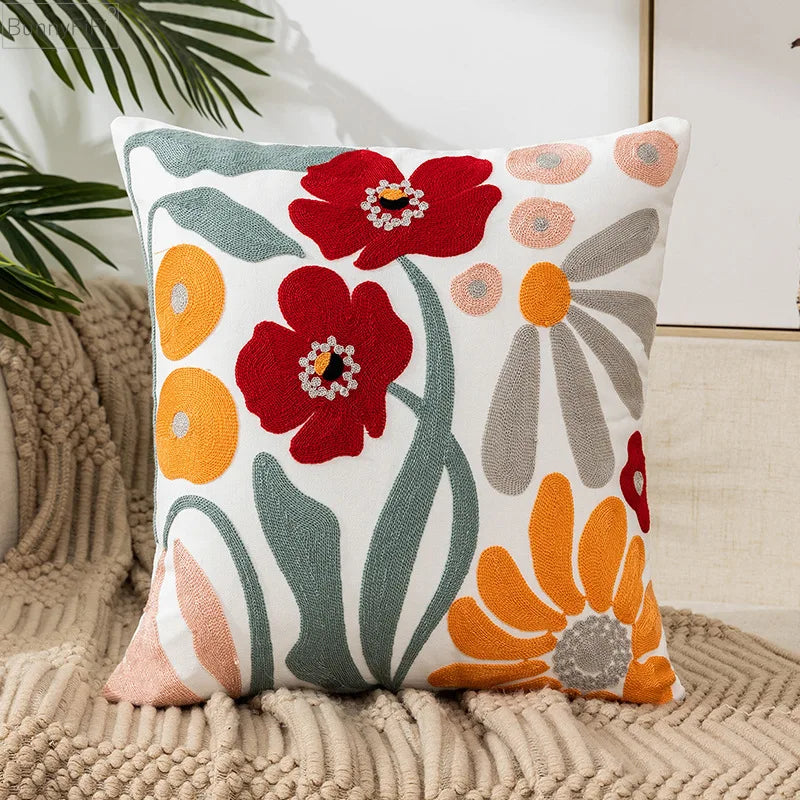 Afralia™ Floral Embroidery Pillow Cover Sunflower Dandelion Soft Canvas Decoration