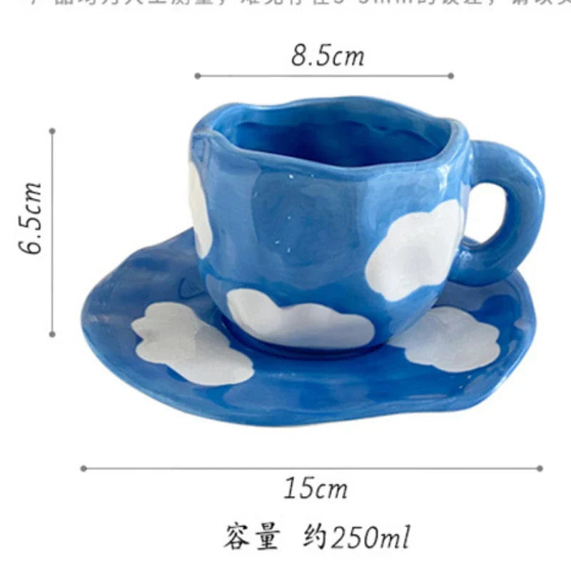 Afralia™ Handmade Blue Sky Coffee Mug with Saucer Set