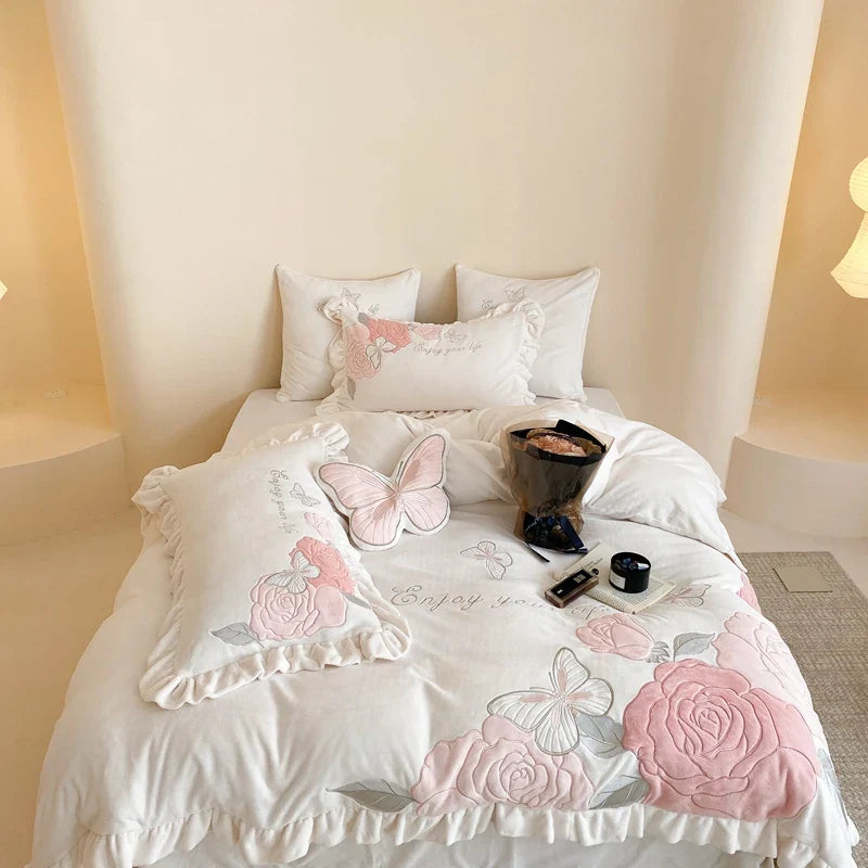 Afralia™ Lace Ruffles Princess Duvet Set, Butterfly Flowers Embroidery, Cozy Bedding with Bed Sheet & Pillowcases